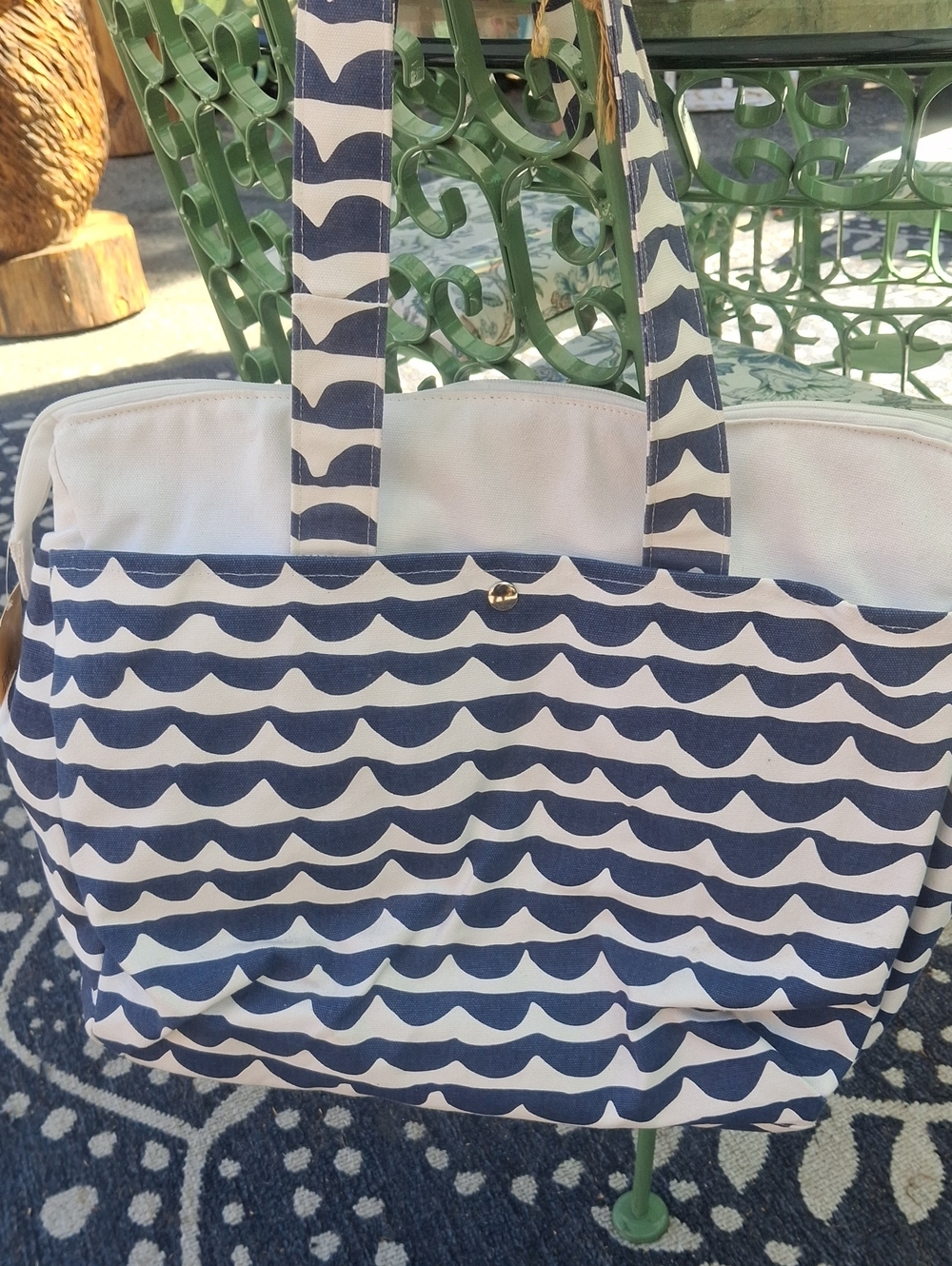 Navy Wave Pattern Canvas Tote Bag - Unbranded
